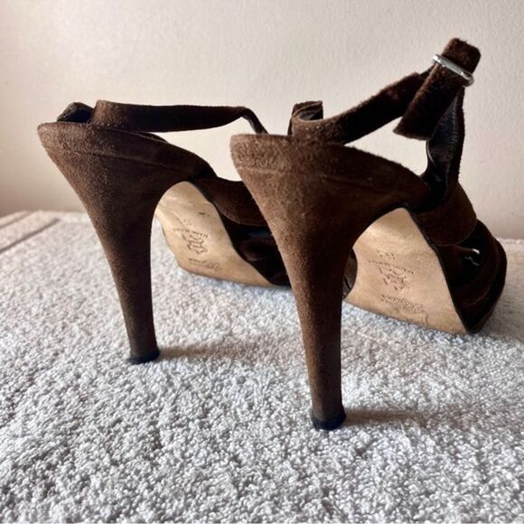 Butter Handmade in Italy Brown Suede Leather Peep Toe Sling Back Heels Sz 6.5 - Picture 2 of 7